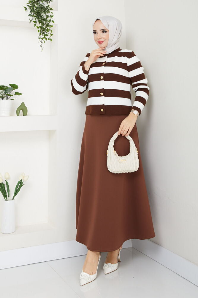 Triko Hırkalı Scuba Etekli Takım Kahve